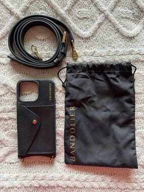Bandolier Hailey iPhone 15 Pro Max Black Leather case and strap gold hardware